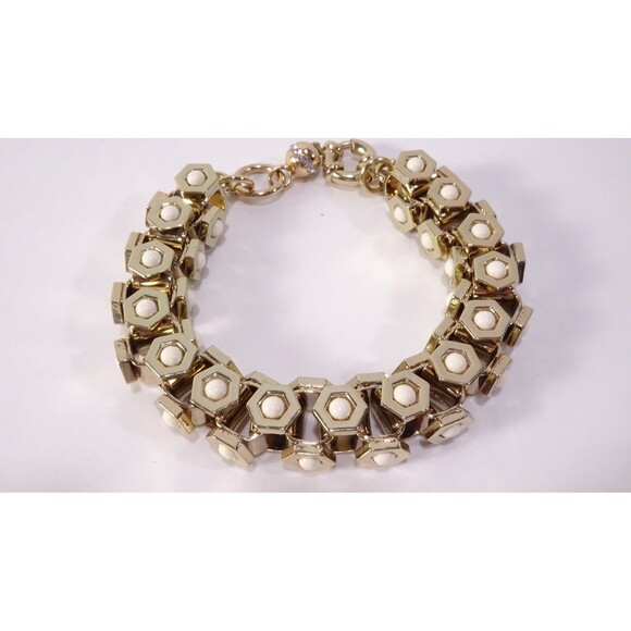 Lee Angel Women's Howlite Cabochon Gold Brass Box Link Bracelet NWT 168 - Picture 3 of 7